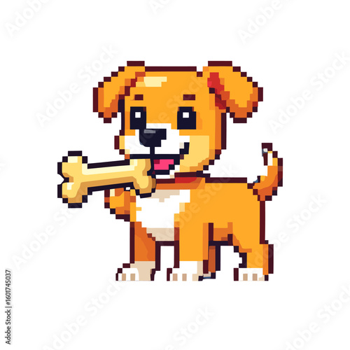 Adorable pixel art puppy happily holding a large bone.