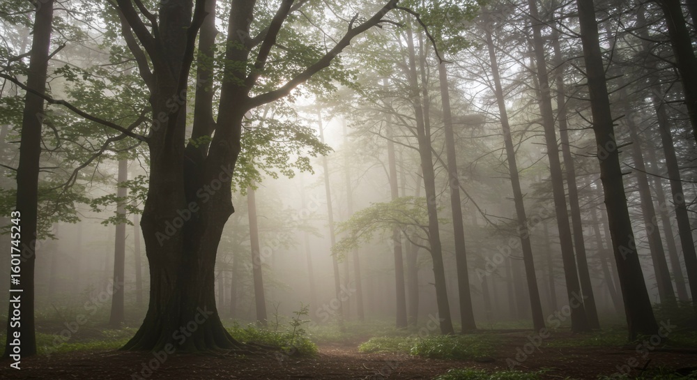 Obraz premium Misty forest path, sunlight filtering through dense trees, creating an ethereal atmosphere