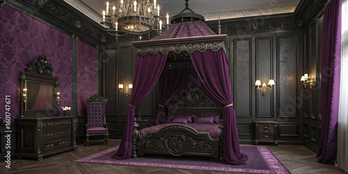 Gothic princess bedroom with black and purple tones, velvet drapes, and ornate carvings.
