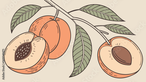 Illustration of Ripe Apricots on a Branch with Green Leaves on Neutral