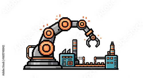 A pixel art illustration of an industrial robotic arm working on a factory assembly line.
