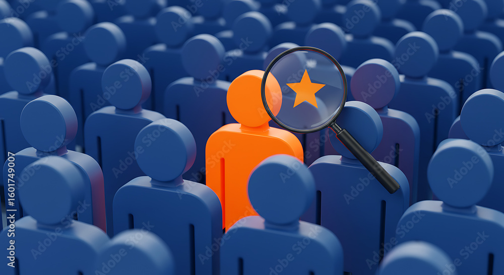 Fototapeta premium Talent acquisition and recruitment concept. Magnifying glass identifying a unique and talented candidate with a star, standing out from the crowd of applicants.