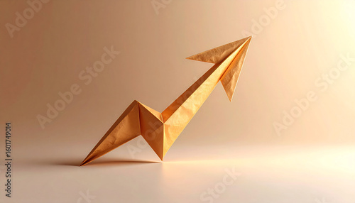 A paper origami arrow shaped like a rising graph points upward with a golden glow, symbolizing growth, success, and positive momentum on a clean minimalist background.
