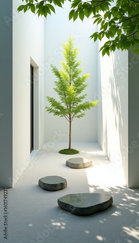 Serene modern Zen garden courtyard with a slender Japanese maple and meticulously raked white gravel