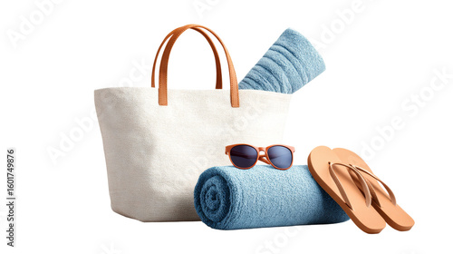 Beach bag contains towels, sunglasses, and flip flops with transparent background.