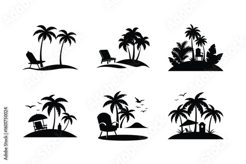 Silhouetted tropical beach scenes with palm trees and beach chairs for relaxation