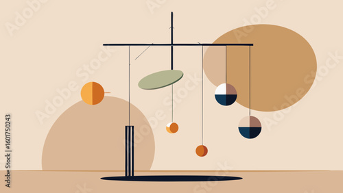 A flat, minimalist mobile featuring hanging spheres and a disc, balancing on a vertical rod. It represents balance, design, and equilibrium.