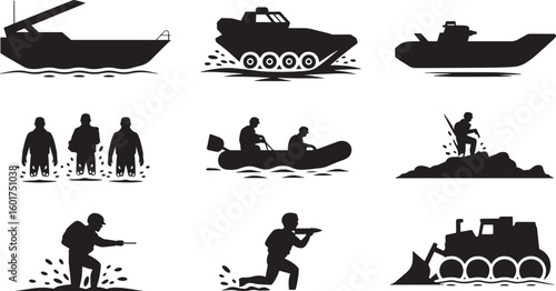 Collection of Military Vehicles and Personnel Silhouettes on Transparent Background