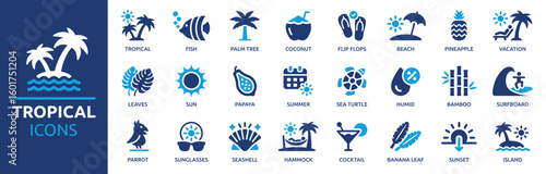 Tropical icon set. Beach, island, coconut, summer, parrot, fish, palm tree, cocktail, vacation, banana leaf and more. Solid vector icons collection.