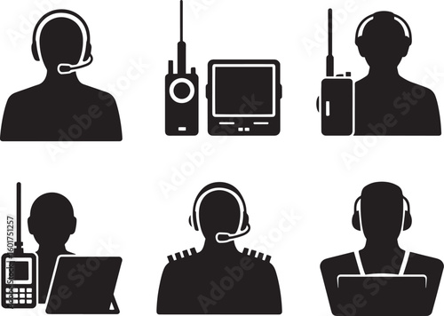 Communication Equipment Radio Walkie Talkie Headset Operator Silhouette Vector Icon Set