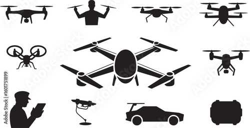 Drone Technology Silhouette Collection Unmanned Aerial Vehicle Icons on Transparent Backdrop
