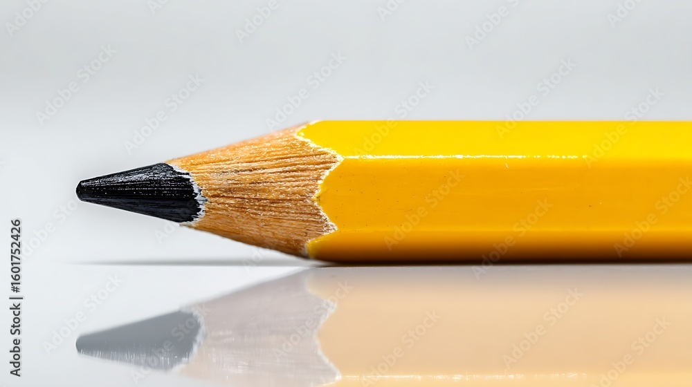 Obraz premium Close-up of Sharpened Yellow Pencil with Reflection: Symbol of Education, Creativity, and Writing on a Clean Surface