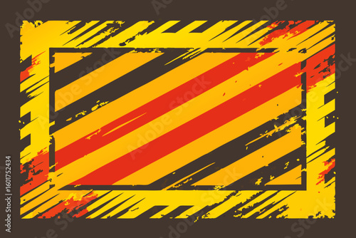 A graphic, distressed frame with bold yellow, orange, and black diagonal stripes, reminiscent of construction and warning signs. It has a rough, grungy, and hazard-like feel.