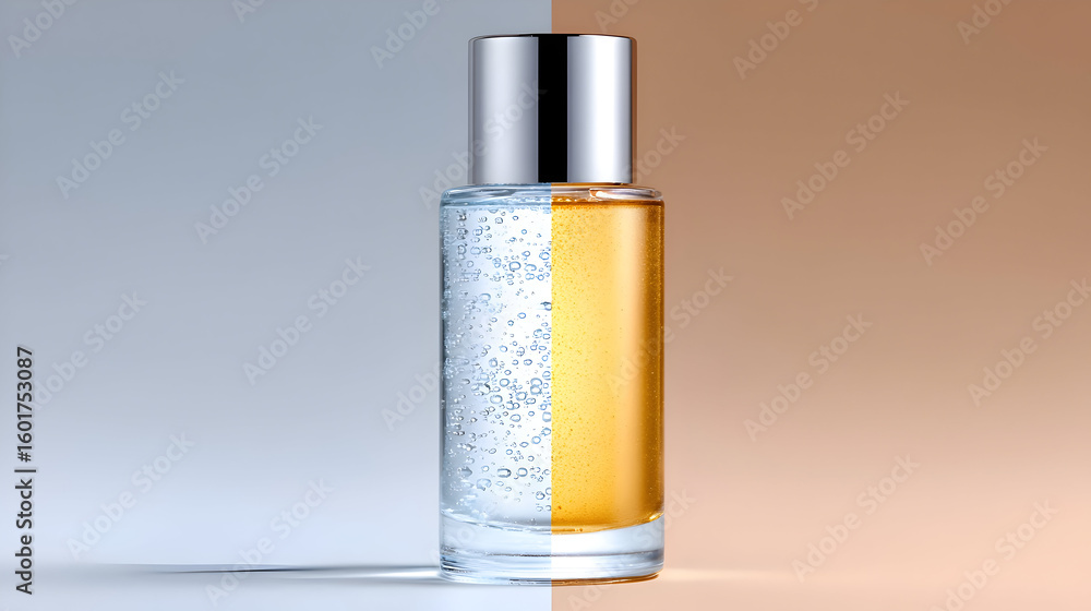 A split-screen concept of a cosmetic bottle, half bubbly water and half golden oil. This innovative image highlights a dual-phase or versatile product.