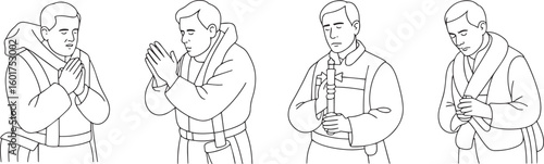 Line Art Illustration of Monks Praying with Hands Clasped and Holding Cross in Contemplation