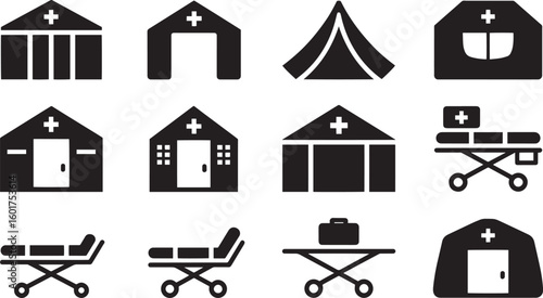 Medical Tent Structure Emergency Field Hospital Aid Station Vector Icon Set