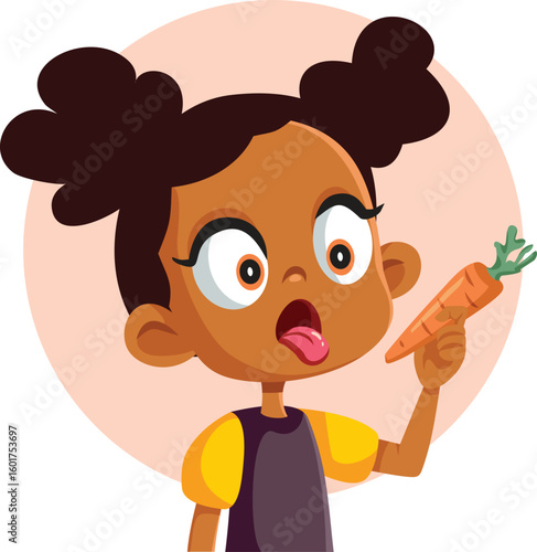 Girl Complaining of the Taste of a Carrot Vector Illustration. Unhappy kid feeling squeamish about eating vegetables 
