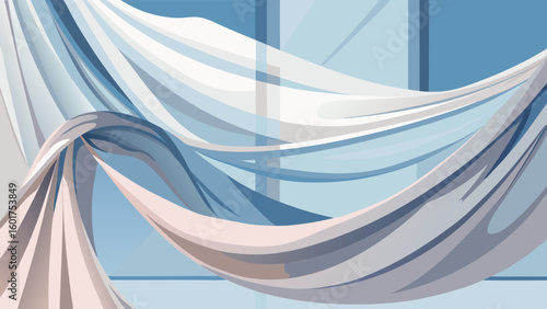 A dynamic illustration of light, flowing drapes or fabric, in a mix of blues, grays, and whites. The transparent, waving material creates a soft, airy, and elegant mood.