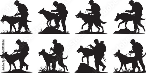 Military Dog Handler Silhouette Collection Soldiers with Dogs on Leashes Vector Art