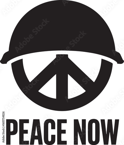 Peace Symbol Inside Military Helmet with Text Peace Now on Transparent Background