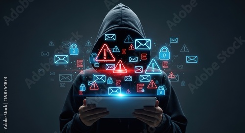 Hooded figure surrounded by digital icons representing cybersecurity threats and data