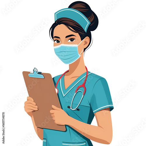 Nurse wearing mask holding clipboard