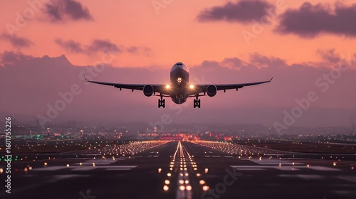 A plane takes off at sunset with a pink sky.
