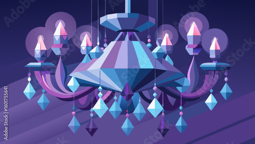 A stunning chandelier hangs from a ceiling, rendered in a striking low-poly style with sharp, geometric facets and a gradient of cool purple and blue tones, creating a dramatic, jewel-like effect.