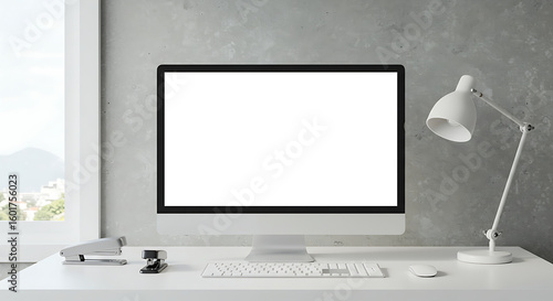 Modern workspace with desktop computer and office accessories on table. Front-facing monitor screen isolated. Creative and minimal desk setup background.