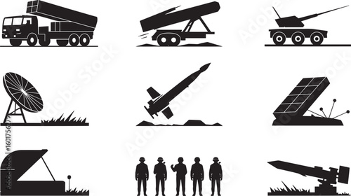 Silhouette Illustration of Military Vehicles, Missiles, Radar, and Personnel in Action