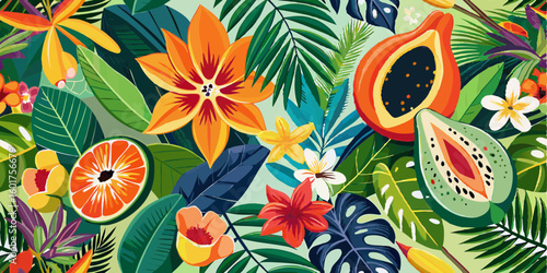 A vibrant, detailed illustration bursting with tropical fruits like papaya and oranges, interspersed with lush green leaves and colorful exotic flowers, creating a dense jungle-like pattern.