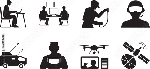 Silhouette of Surveillance and Technology Personnel and Equipment on Transparent Background