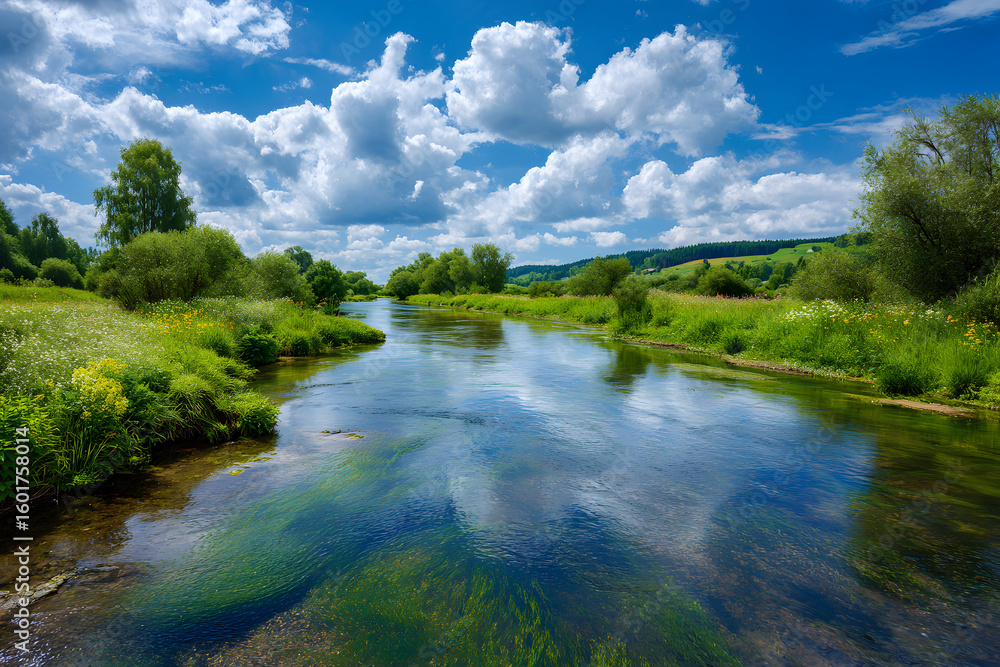 Scenic River Reflecting Puffy White Clouds Surrounded by Lush Greenery and Vibrant Wildflowers Scenic River Reflecting Puffy White Clouds Surrounded by Lush Greenery and Vibrant Wildflowers