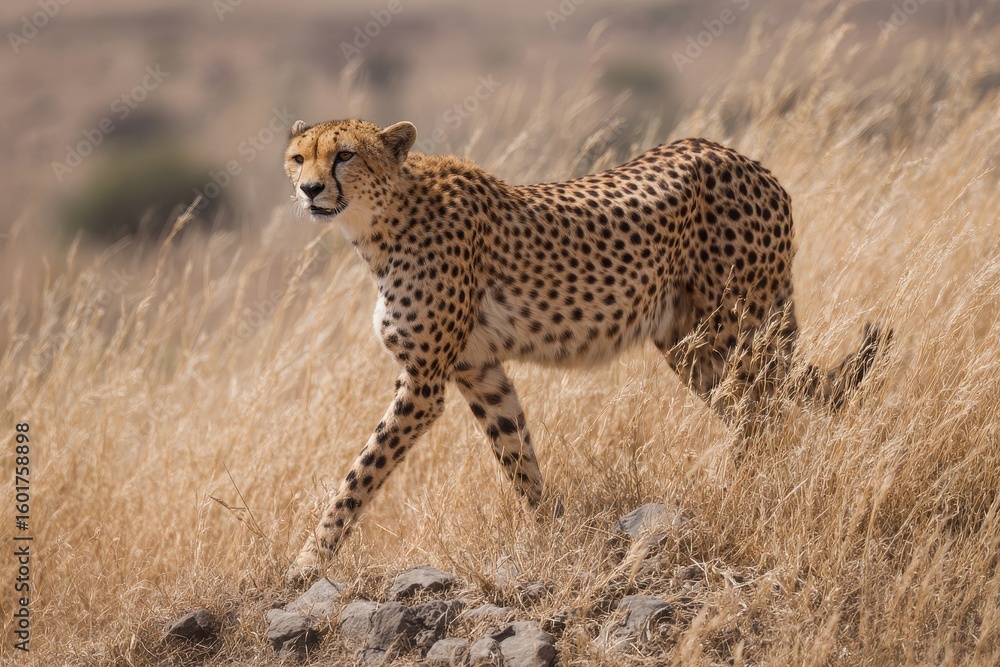 Naklejka premium Cheetah descending a slope in Serengeti Africa