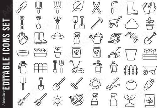An Editable Set of Black and White Line Art Icons for Gardening Tools and Equipment