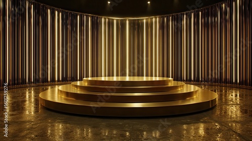 Golden Ascent Stage: An opulent, empty gold podium floats in a dark void, encircled by a radiant wall of vertical gold neon lamps, casting a luxurious glow.