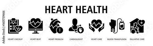 Heart Health Web Banner Glyph icon vector illustration concept with icon of heart checkup, heart beat, heart problem, cardiologist, heart care, blood transfusion, palliative care