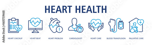 Heart Health Web Banner Outline Dualtone icon vector illustration concept with icon of heart checkup, heart beat, heart problem, cardiologist, heart care, blood transfusion, palliative care