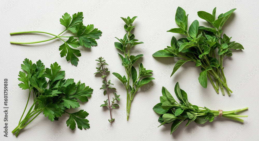 Obraz premium Fresh herbs display on light background
