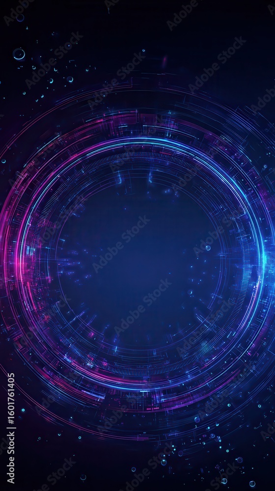 Obraz premium Digital blue and purple tech circle on dark background. Science, futuristic digital technologies concept.