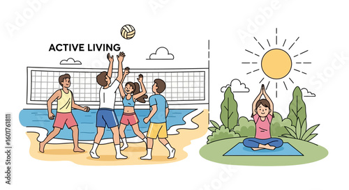 People enjoying active living with sports and yoga