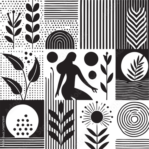 Abstract black and white collage with botanical elements and female silhouette isolated on transparent background