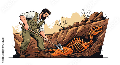 Paleontologist Digging Dinosaur Fossil Discovery Vector