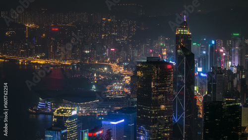 Photography Hong Kong city skyline aerial timelapse at night with Victoria Harbor and skyscr