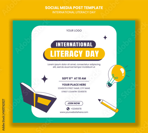 Social Media Post Layout for World Literacy Day with Cartoon Hand-Drawn Vector Elements