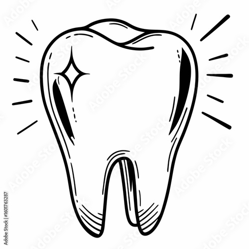 A shining, healthy molar tooth illustration with radiating lines, representing dental care.
