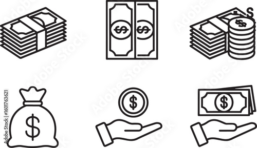 Financial Icons Depicting Money Stacks, Currency Exchange, Investments, and Wealth Accumulation in a Minimalist Black and White Line Art Style