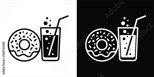 Delicious Duo Donut and Refreshing Drink Icon Set in Black and White