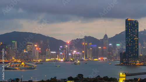 Photography Hong Kong day to night, aerial view from kowloon bay downtown timelapse