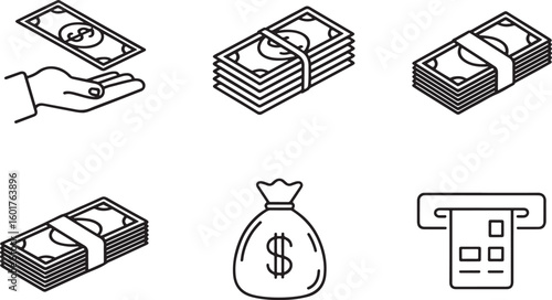 Financial Assets Depicted via Line Drawings Representing Money Management Payment Methods and Monetary Wealth for Fiscal Security and Investment Purposes